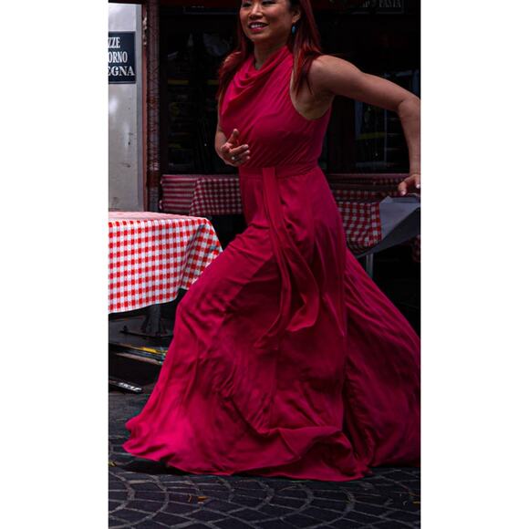 Halston Heritage Sleeveless Cowl Neck Flowy Wide Leg Jumpsuit Neon Pink size 0 - Picture 16 of 16